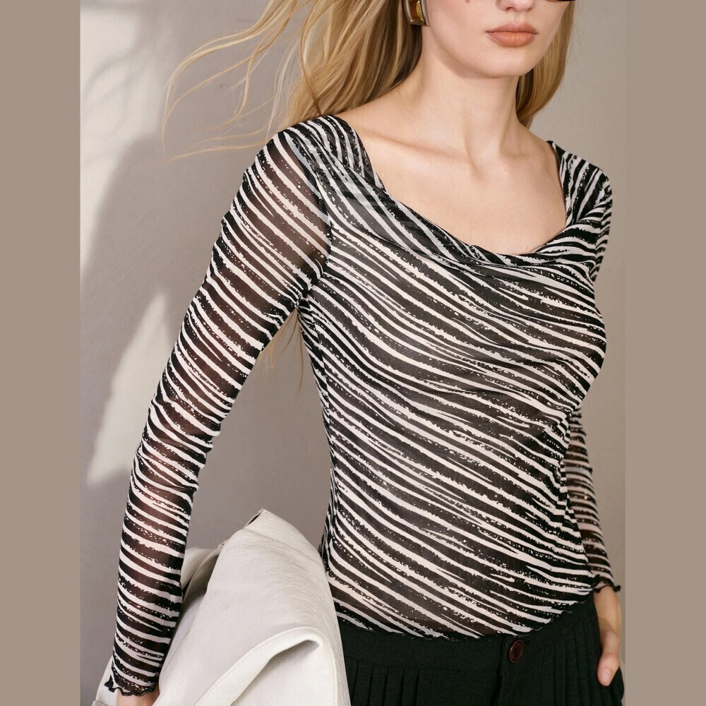 Black and White Abstract Zebra Print Mesh Cowl Neck Long Sleeve Top